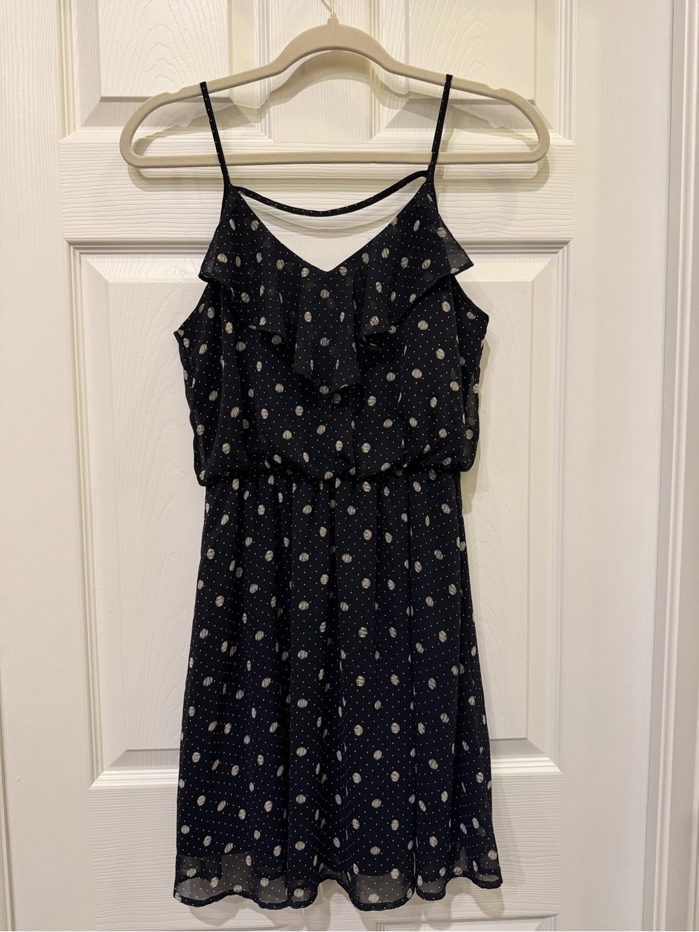 Lush Navy Dot Print Ruffle Mini Dress Women’s Small Spaghetti Strap Lined